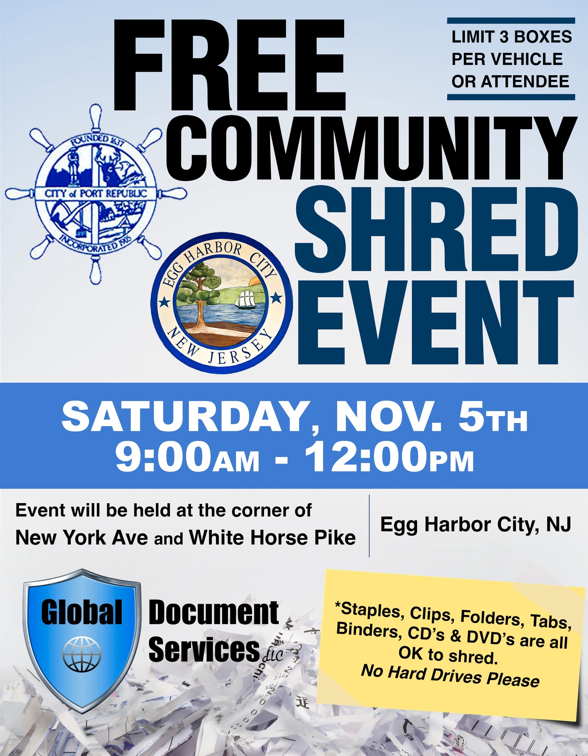 Shredding Event Saturday, November 5th City of Port Republic